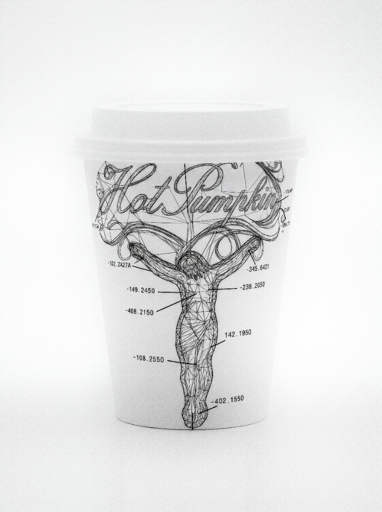 Hot Pumpkin paper coffee cup with technical wireframe illustration.